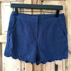 Alice Collection Navy Blue Scalloped Shorts Prep Summer Linen Blend Women Size 2